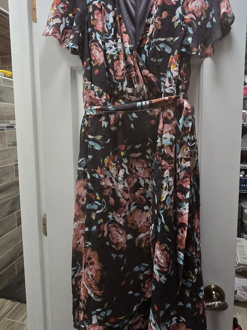 Women's Black Floral Wrap Dress with Pink Rose Print